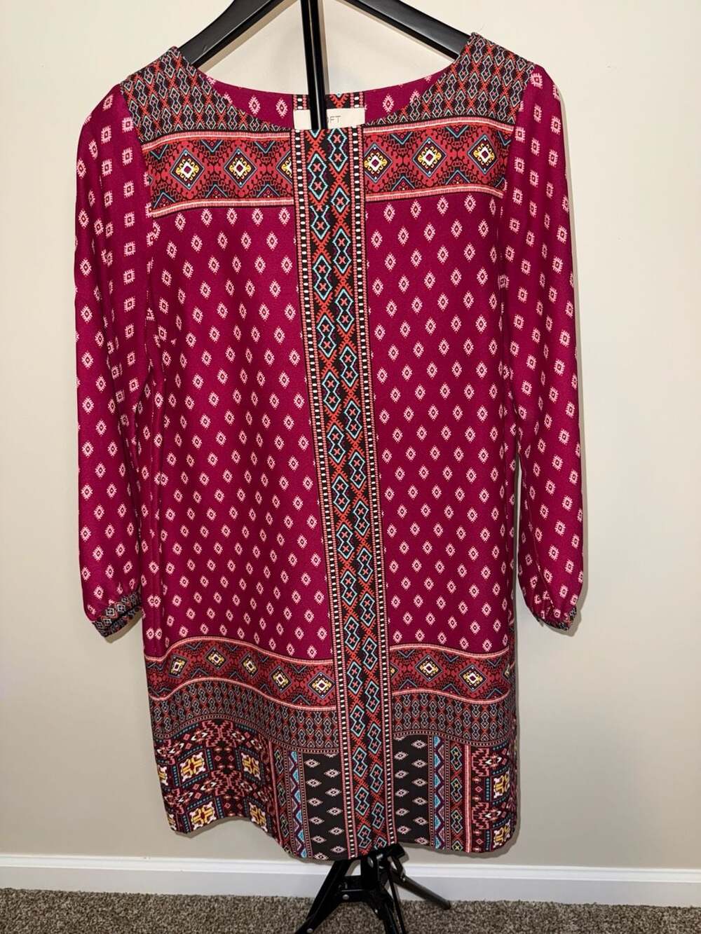 LOFT Women Magenta Red Geometric Print Boho Shift Dress Size Small